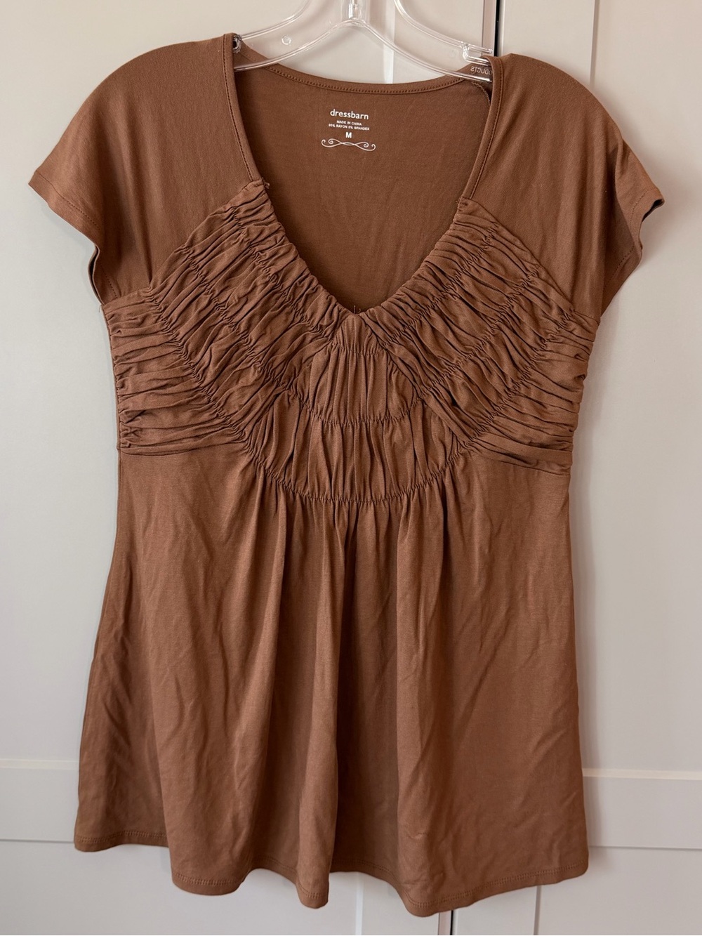 Dressbarn Brown Ruched Babydoll Top Medium Y2K Empire Waist V Neck